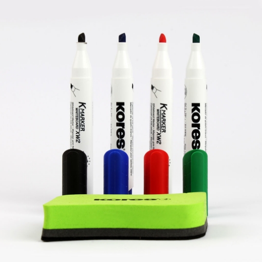 Image de Set de marqueurs pour tableau blanc à pointe biseautée + pinceau, 4 couleurs Kores, Modèle 20865.