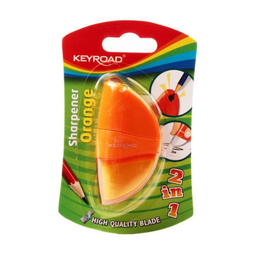 Image de Taille-crayon en plastique orange Keyroad 1 trou avec lame en métal + gomme + réservoir, 1 pièce sur carte – Modèle KR971136