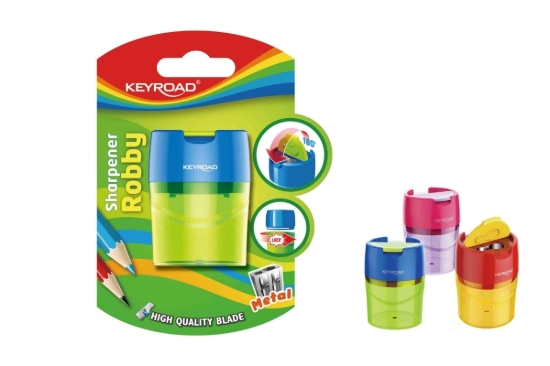 图片 红宝石塑料削笔器，双孔，金属刀片 + 集屑盒，卡装1个 - Keyroad 型号 KR971264