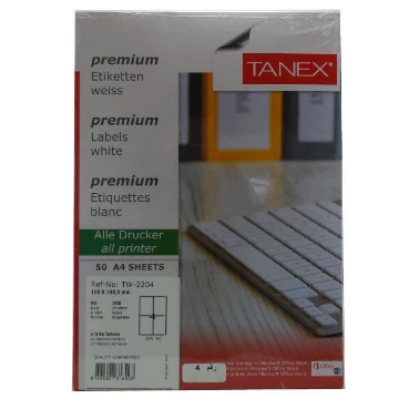 显示明细 白色电脑标签 50张A4纸 4个标签/张 105x148.5mm - Tanex TW-2204 图片 白色电脑标签 50张A4纸 4个标签/张 105x148.5mm - Tanex TW-2204