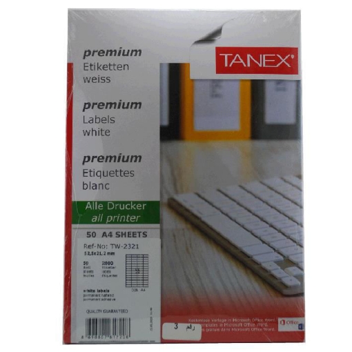 Picture of Self Adhesive Computer Labels White 50 Sheets A4 21.2 x 52 mm 56 Labels/Sheet - Tanex TW-2321