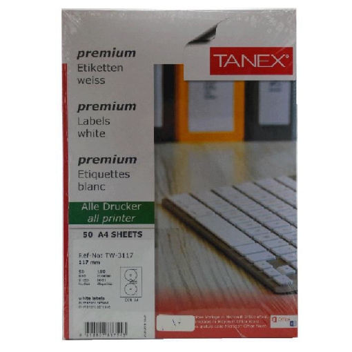 Picture of Computer labels for CD, White 50 sheet 2 circles, 217 mm A4 – Tanex TW-3117