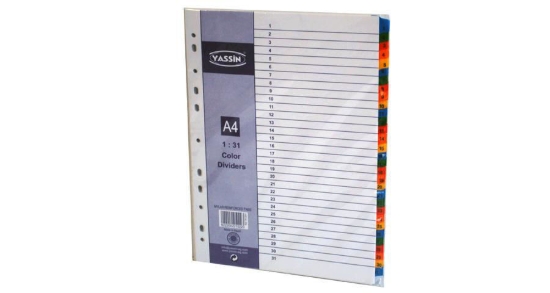 Picture of Cardboard Index Dividers with Plastic Tabs Numbers and Colors 1-31 - Yassin