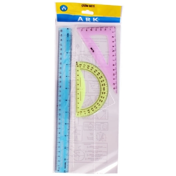 Agrandir l'image de Set de Géométrie, 3 Pièces (Triangle + Règle 30cm + Rapporteur) Multicolore – Ark 026 Image de Set de Géométrie, 3 Pièces (Triangle + Règle 30cm + Rapporteur) Multicolore – Ark 026