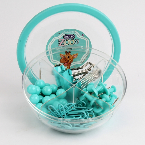 Picture of Mass Plastic Pins Box Turquoise Divided Four Pins: Perspective Pin + Round Pin + Bulldog + Clips Pin Model 622-623