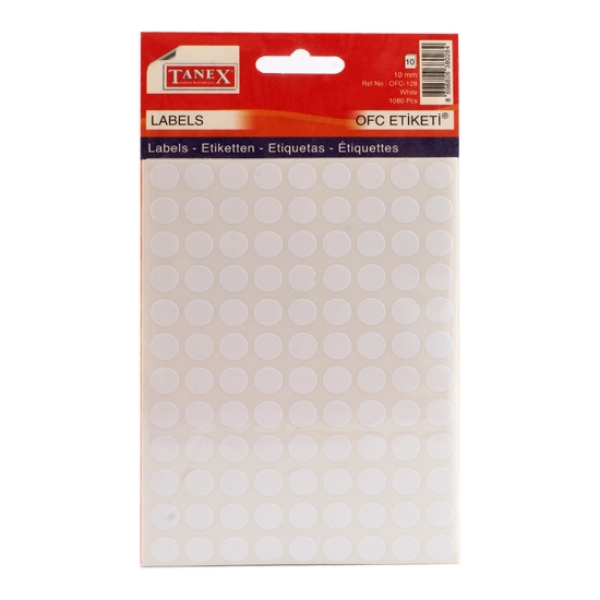 Image de Étiquettes adhésives de bureau, rondes blanches 10 mm, 10 feuilles A5 x 108 étiquettes - Tanix OFC-128