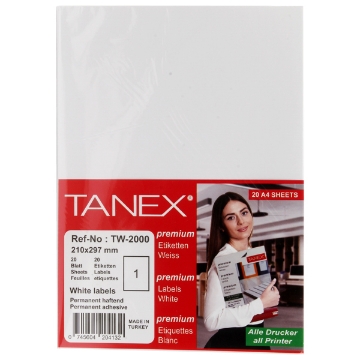 Show details for Computer Labels, White 20 Sheets, 210 x 297 mm A4 - Tanix TW-2000 Picture of Computer Labels, White 20 Sheets, 210 x 297 mm A4 - Tanix TW-2000