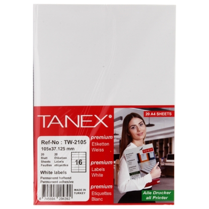 Picture of TANEX COMPUTER STICKER WHITE 20 PAPERS 105 × 37.1 MM / 16 A4 TW-2105