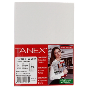 Show details for Computer Sticker, White 20 Sheets 24 Rectangles, 37.1 x 70 mm A4 - Tanix TW-2037 Picture of Computer Sticker, White 20 Sheets 24 Rectangles, 37.1 x 70 mm A4 - Tanix TW-2037