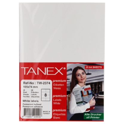 Picture of TANEX COMPUTER STICKER WHITE 20 PAPERS 105 × 74 MM / 8 A4 TW2374