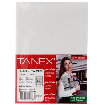 Show details for Computer Sticker, White 20 Sheets 65 Rectangles, 21.2 x 38 mm A4 - Tanix TW2165 Picture of Computer Sticker, White 20 Sheets 65 Rectangles, 21.2 x 38 mm A4 - Tanix TW2165