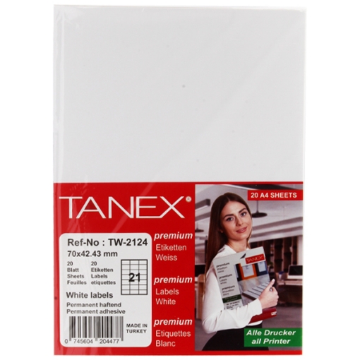 Picture of Computer Labels, White 20 Sheets 21 Rectangles, 42.43 x 70 mm A4 - Tanex TW2124