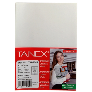 Show details for Computer Labels, White Color 20 Sheets 24 Rectangles, 42 x 42 mm A4 - Tanex TW2042 Picture of Computer Labels, White Color 20 Sheets 24 Rectangles, 42 x 42 mm A4 - Tanex TW2042