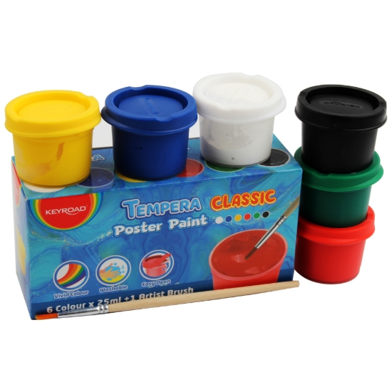 Bild von Plakatfarbe 25 ml 6 Farben Schwarz, Weiß, Rot, Grün, Gelb, Blau mit Seitenpinsel - Keyroad KR972982