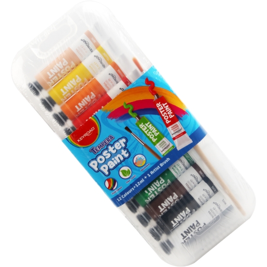 Bild von Keyroad Auswaschbares Plakatfarben-Set Kunststoffbox 12 Farben à 12ml + Pinsel Modell KR972960