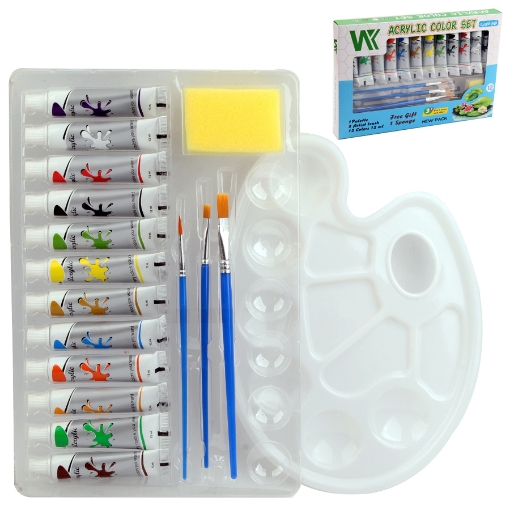 Imagen de Set de Pinturas Acrílicas Tubos de 12 ml, Set de 12 Colores + Paleta de Mezcla + 3 Pinceles + Esponja – Modelo 7012A