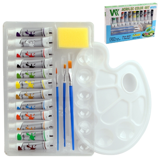 Bild von Acrylfarben-Set 12 ml Tuben, 12 Farben Set + Mischpalette + 3 Pinsel + Schwamm – Modell 7012A