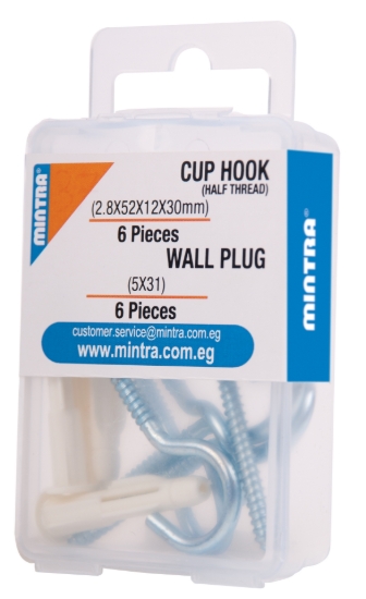 Imagen de Gancho de 6 tazas 30 x 12 x 52 x 2.8 mm + 6 tapones de pared de plástico 31 * 5 mm - Mintra