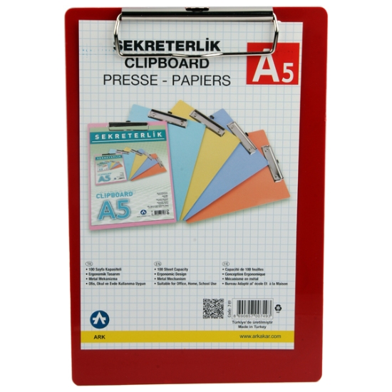 Bild von Schreibtafel (Blanchetta), Kunststoff mit Papierclip, rote Farbe, A5 - Ark 749