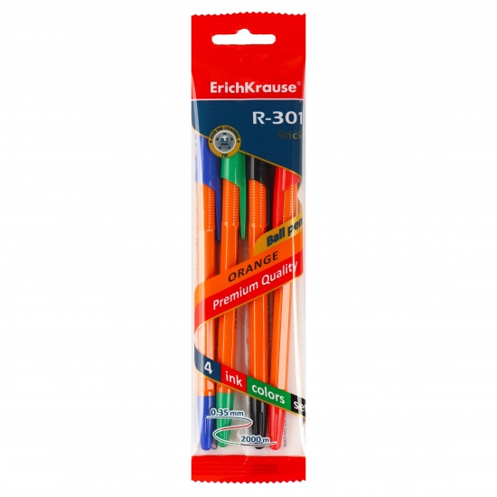 Picture of Erich Krause Ballpoint Pen Set - 4 Pieces Bag 4 Colors (Red, Blue, Black, Green) 0.7mm - Model R301 ORANGE