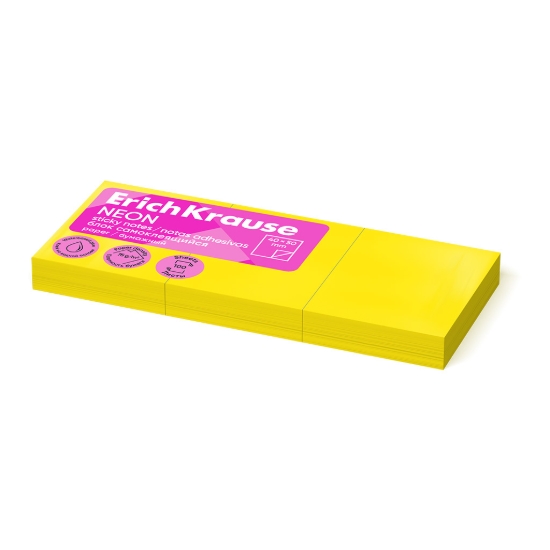 Picture of Erich Krause Sticky Notes - Neon Yellow 40x50mm Pack of 3 100 Sheets - Model 61707