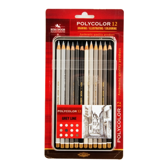 Image de Set de crayons de couleur en bois Polycolor nuances de gris pour artistes - 12 couleurs