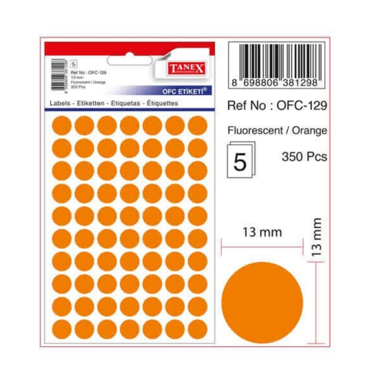 Picture of Office Sticker Tanix Orange Phosphorescent 13mm Pack of 5 Sheets A5 - Model OFC-129