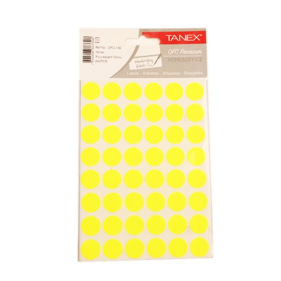 Imagen de Etiqueta de oficina Tanex amarilla fosforescente 16 mm - Forma circular - Paquete de 5 hojas A5 - Modelo OFC-130