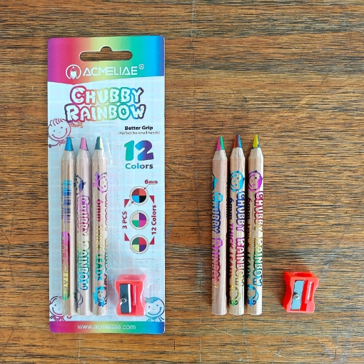 Imagen de Lápices de colores redondos Acmeliae – 3 lápices con 12 colores + sacapuntas – Modelo 43069