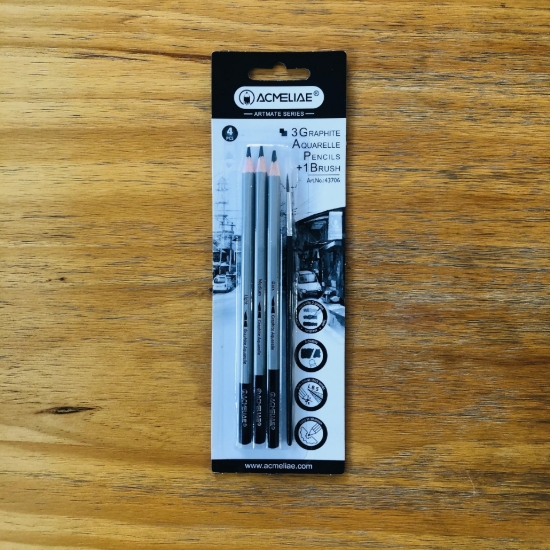 Picture of Acmeliae Hexagonal Water-Soluble Charcoal Pencil – 3-Pencil Card with Brush (Soft, Medium, Hard Grades) – Model 43706