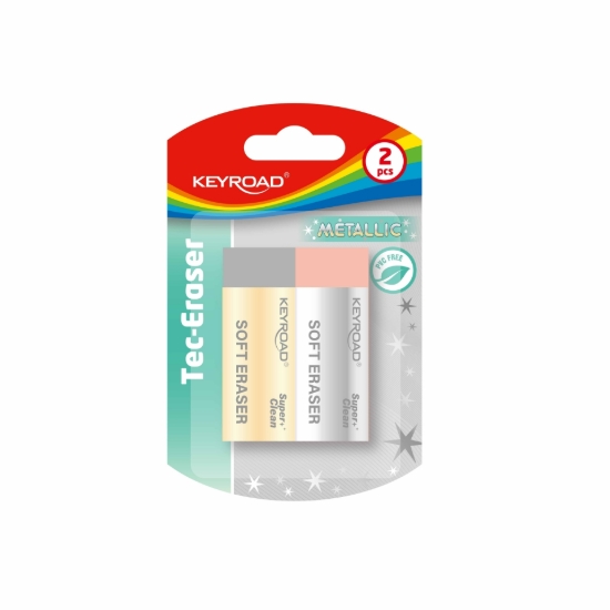 图片 Keyroad 大号金属色橡皮擦，吸塑包装，2块装，柔软，双色 – 型号 KR972928