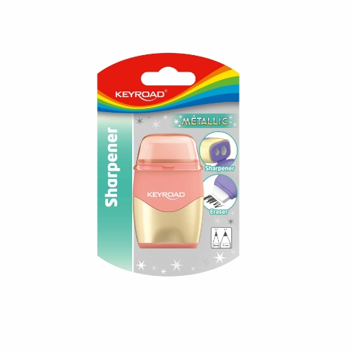 Picture of Keyroad Metallic Sharpener – 2 Holes with Container + Eraser – 1 Piece Blister Card – Model KR972934