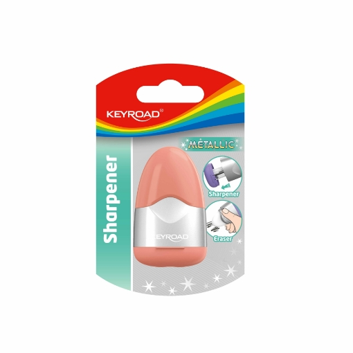 Picture of Keyroad Metallic Sharpener – Dual Hole with Container and Eraser – Blister Pack, 1 Piece – Model KR972936