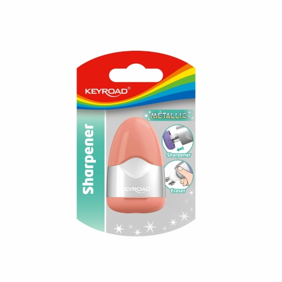 图片 Keyroad 金属卷笔刀 – 双孔带储屑盒和橡皮擦 – 吸塑包装，1 个 – 型号 KR972936