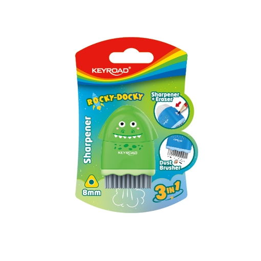 Picture of Keyroad Rocky Sharpener – Single Hole with Container + Eraser + Cleaning Brush – Blister Pack 1 Piece – Model KR972031