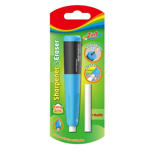Picture of Keyroad Sharpener – Single Hole with Container + Pencil-Shaped Eraser – Blister Pack – Model KR972183