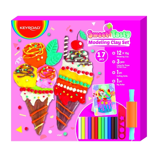 Bild von Keyroad Sweet Tasty Farbige Knetmasse – 90g – Schachtel mit 12 Stangen + Teigrolle + Modelliermesser – Modell KR973009