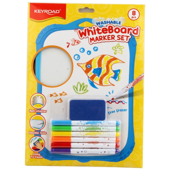 Image de Tableau Double Face pour Enfants Face Blanche et Face à Carreaux + 6 Feutres de Couleur + Gomme – Keyroad Modèle KR973018