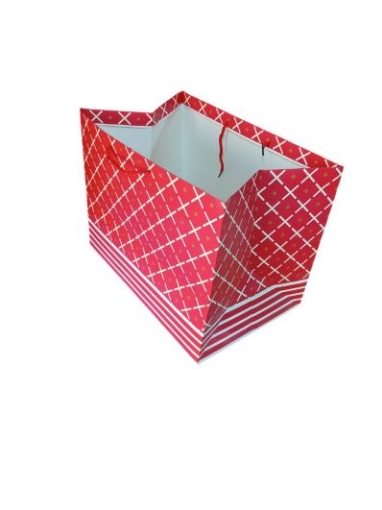Image de Sac cadeau en forme de boîte, couleur rouge à carreaux blancs, dimensions 40 × 27 × 31,5 cm