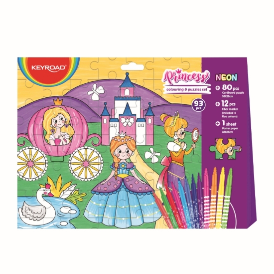 Image de Coffret de Coloriage 12 Crayons de Couleur + Puzzle Princesses 80 Pièces + Poster - Keyroad Modèle KR973003