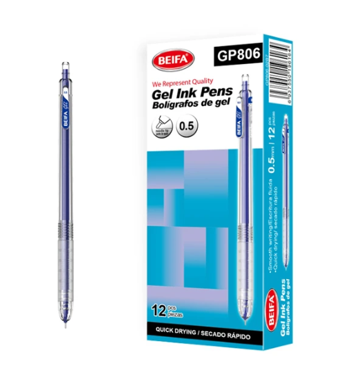 Image de Stylo gel bleu à séchage rapide 0,5 mm avec ressort Beifa – Modèle GP806-02B7