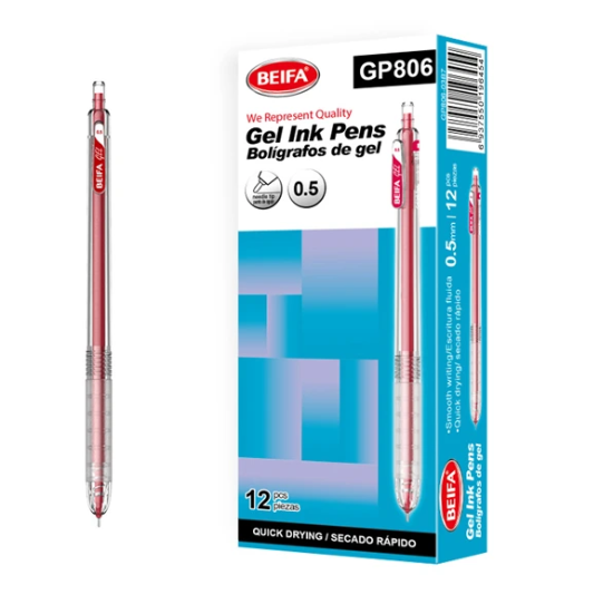 Image de Stylo gel rouge à séchage rapide 0,5 mm avec mécanisme à clic Beifa – Modèle GP806-03B7