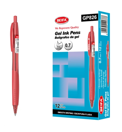 Imagen de Bolígrafo de gel rojo de secado rápido 0,7 mm con mecanismo de clic Beifa – Modelo GP826-03B7