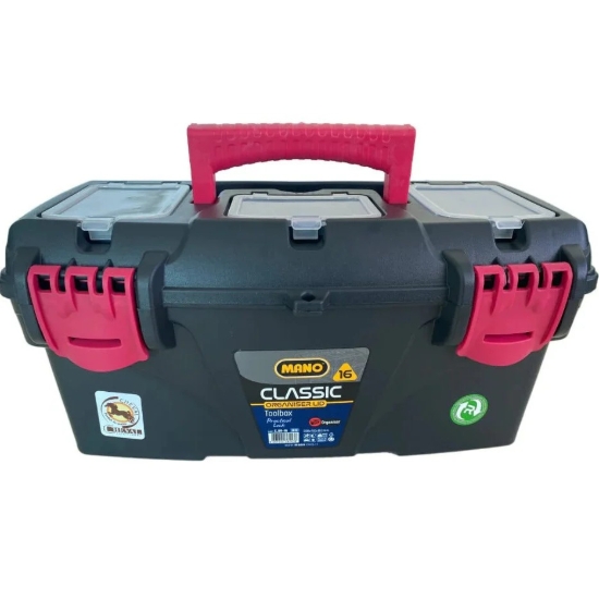 Picture of Mano Plastic Tool Box with Plastic Lock and Top Organizers, 11 Inch, 192 × 206 × 410 mm, Red