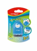 图片 Keyroad Rocky Dooky 塑料削笔器，单孔，3合1，带储屑盒、橡皮和清洁刷，1个卡装，多种颜色，型号 KR972031