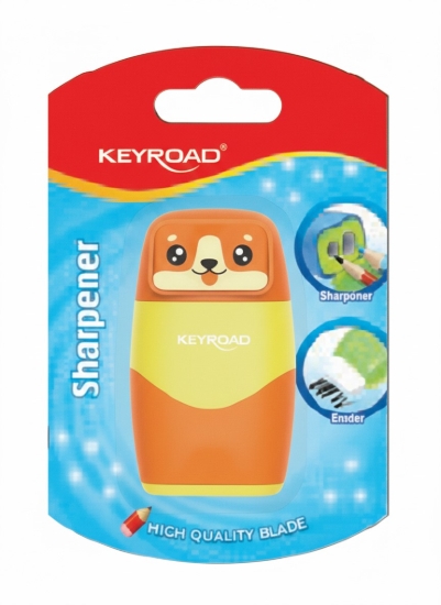 Bild von Keyroad Kunststoffspitzer mit Radierer, 2 Öffnungen, 1 Stück auf Karte, verschiedene Farben, Modell KR973261