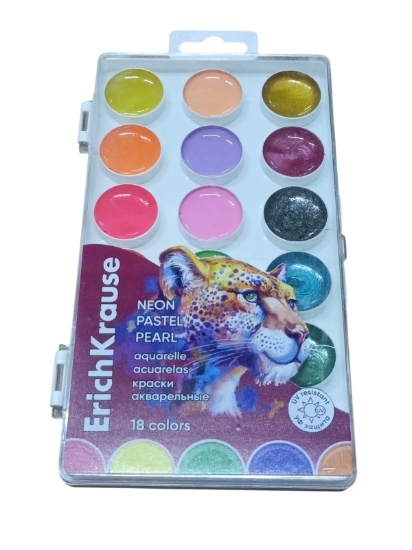 图片 Erich Krause 水彩颜料套装 18色 霓虹+柔和色+珠光 含调色盘+画笔 型号61380