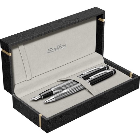 Image de Set de stylos Scrikss argent × noir en boîte, 2 pièces : stylo à bille + stylo plume + 3 cartouches, modèle 89146