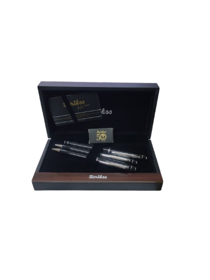 Image de Set de stylos Scrikss Noble 36 noir en boîte, 3 pièces : stylo à bille + stylo plume + porte-mine + 3 cartouches, modèle 54441