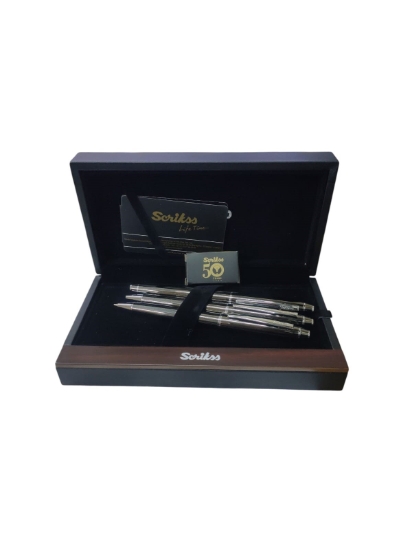 Image de Set de stylos Scrikss Noble 35 titane argenté en boîte, 3 pièces : stylo à bille + stylo plume + porte-mine + 3 cartouches, modèle 57336